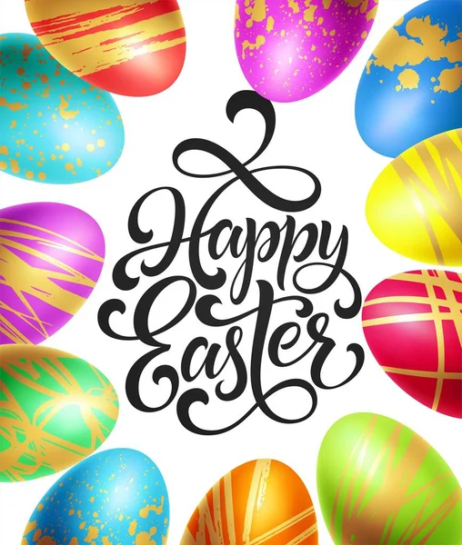 Feliz Pascua plantilla de fondo con letras con huevos de colores. Ilustración vectorial — Vector de stock