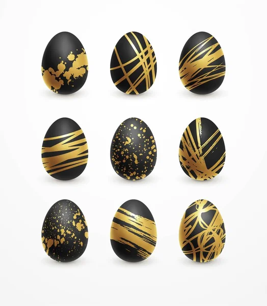 Feliz Pascua realista negro y dorado brillo huevos decorados conjunto. Ilustración vectorial — Archivo Imágenes Vectoriales