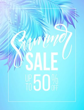 Renkli mavi ve mor palmiye ağacı tasarımında yazı yaz Satılık arka plan bırakır. Vektör çizim