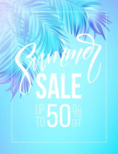 Sommar försäljning bokstäver design i en färgglad blå och lila Palm löv bakgrund. Vektorillustration — Stock vektor