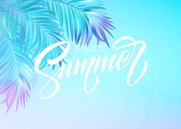 Design de lettrage d'été dans un fond coloré de feuilles de palmier bleu et violet. Illustration vectorielle — Image vectorielle