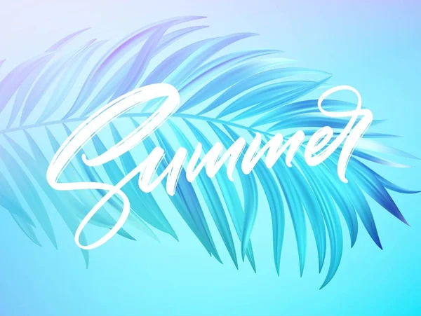 Diseño de letras de verano en un colorido fondo de hojas de palmera azul y púrpura. Ilustración vectorial — Vector de stock