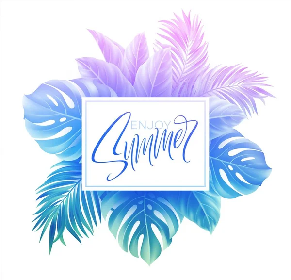 Diseño de letras de verano en un colorido fondo de hojas de palmera azul y púrpura. Ilustración vectorial — Vector de stock