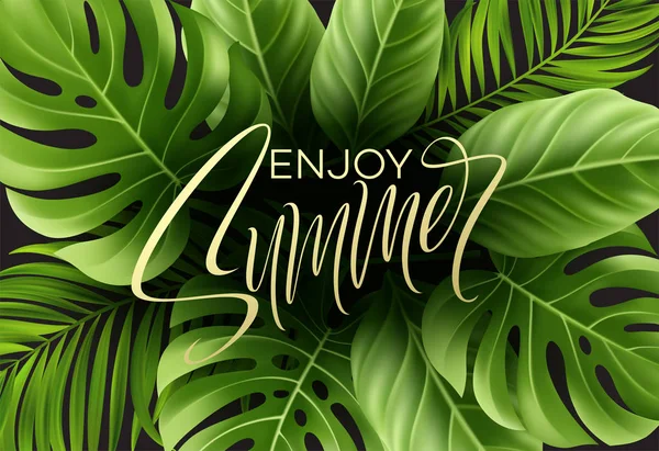 Cartel de verano con hoja de palma tropical y letras manuscritas. Ilustración vectorial — Vector de stock