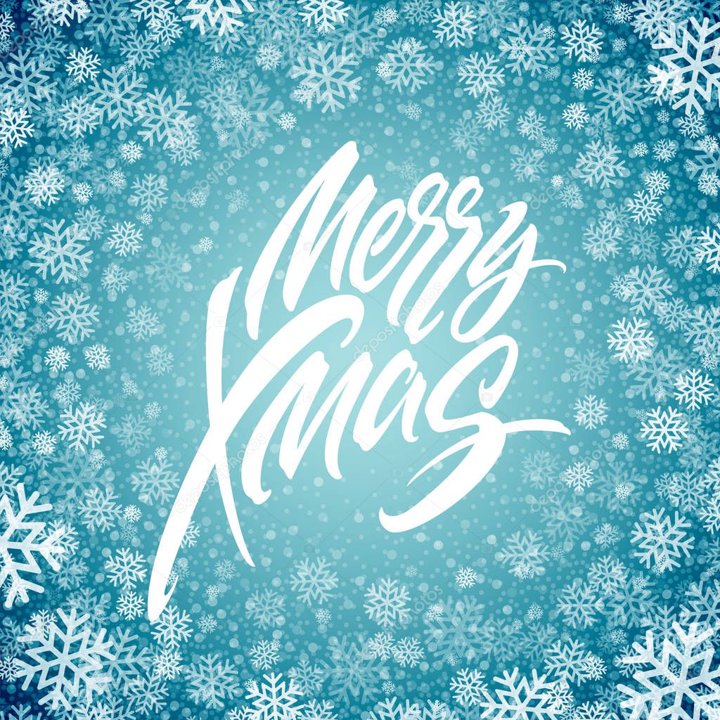 Merry Christmas hand drawn lettering in snowflakes frame