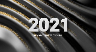 Siyah ipek dalganın arka planında 2021 gerçekçi altın 3D yazı var. Vektör illüstrasyonu