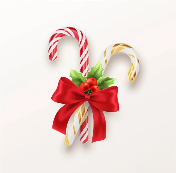 Realistic Xmas candy cane with red bow and a sprig of Christmas holly isolated on white backdrop. Vector illustration — Stock Vector
