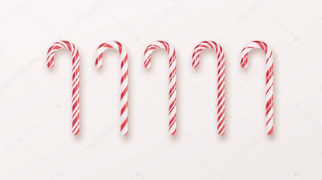 Realistic Xmas candy cane set isolated on white backdrop. Vector illustration