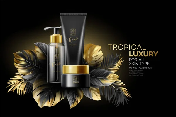 Desain produk kosmetik Adverting with Black-Golden Tropical Leaves pada latar belakang hitam. Ilustrasi vektor - Stok Vektor