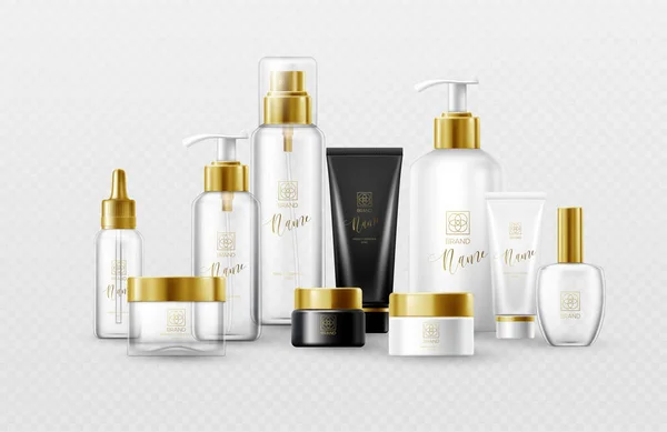 Set di modelli mockup bottiglie cosmetiche bianche, nere e in vetro con tappi in oro isolati su sfondo bianco. Effetto trasparenza reale. Illustrazione vettoriale — Vettoriale Stock