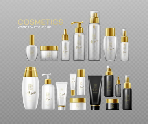 Set di modelli modello bianco, nero e vetro bottiglie cosmetiche con tappi d'oro isolati su uno sfondo scuro. Effetto trasparenza reale. Illustrazione vettoriale — Vettoriale Stock