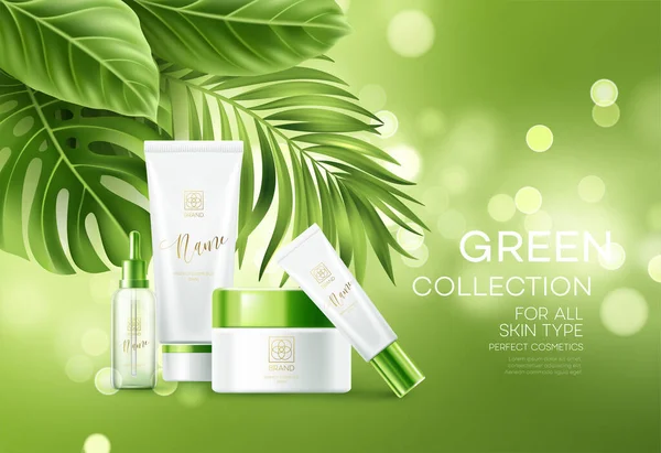 Cosméticos em fundo bokeh verde com folhas de palma tropicais. Cosméticos faciais, banner de cuidados com o corpo, design de modelo de panfleto. Ilustração vetorial —  Vetores de Stock