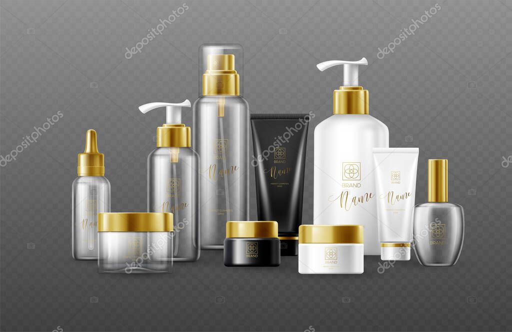 Set of mockup template white, black and glass cosmetic bottles with gold caps isolated on a dark background. Real transparency effect. Vector illustration EPS10
