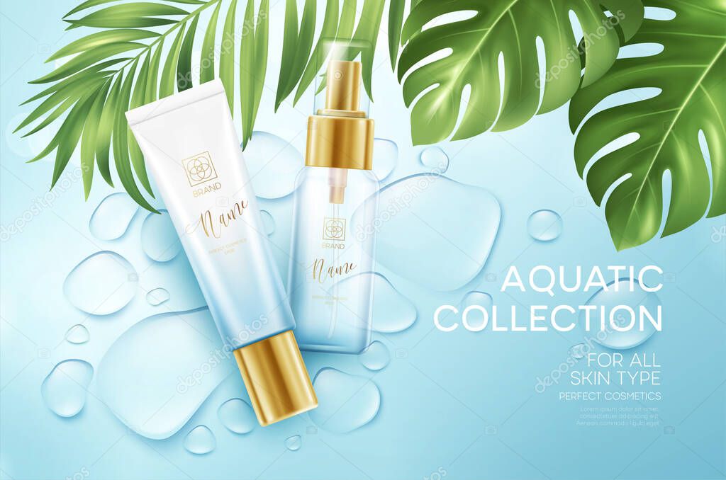 Cosmetics on blue water drop background with tropical palm leaves. Face cosmetics, body care banner, flyer template design. Vector illustration