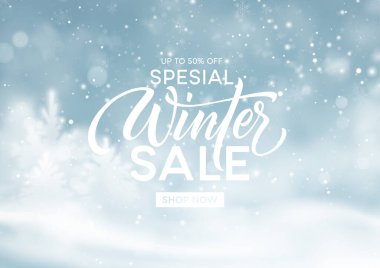 Kış satış şablonu. Noel kış karlı manzarası. Kar tozu arka planı. Vektör illüstrasyonu