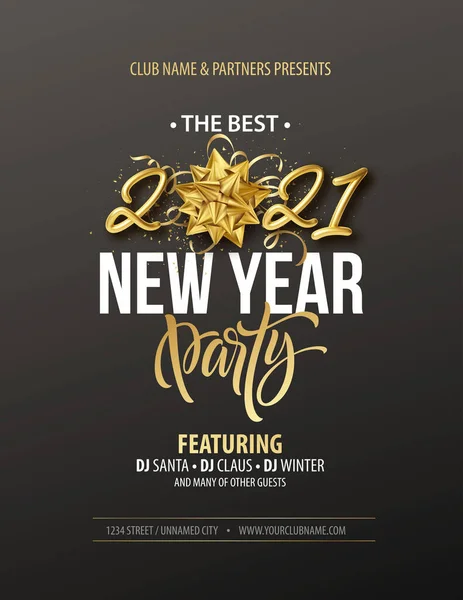 Novoroční typografický plakát se zlatým realistickým nápisem z roku 2021, dárkovou mašlí, zlatým cínem a zlatými konfetami na černém pozadí. Vektorová ilustrace — Stockový vektor