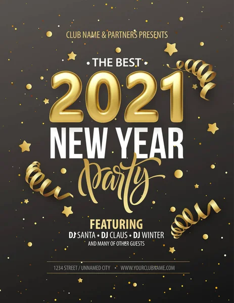 Neujahrs-Party-Typografie-Plakat mit goldener realistischer Inschrift 2021, Geschenkschleife, goldenem Lametta und goldenem Konfetti auf schwarzem Hintergrund. Vektorillustration — Stockvektor