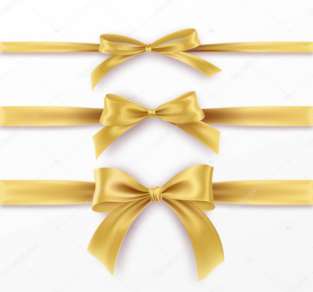 Set Golden Bow and Ribbon on white background. Realistic gold bow for decoration design Holiday frame, border. Vector illustration