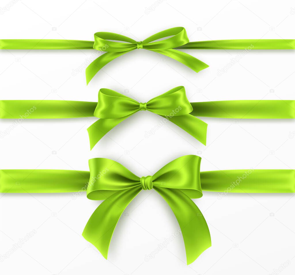Set Green Bow and Ribbon on white background. Realistic green bow for decoration design Holiday frame, border. Vector illustration