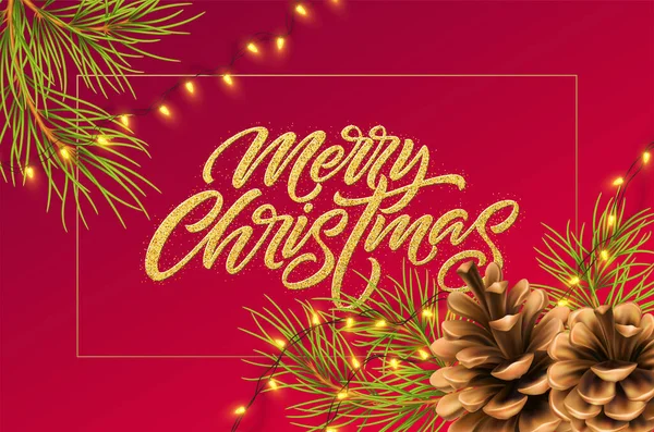 Fondo navideño con ramas de pino y cono, guirnalda luminosa e inscripción de brillo dorado Feliz Navidad. Ilustración vectorial — Vector de stock