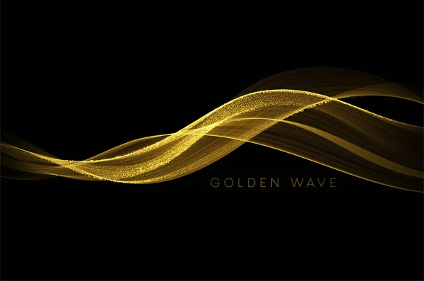 Abstract shiny color gold wave design element with glitter effect on dark background. Vector illustration — Stock Vector