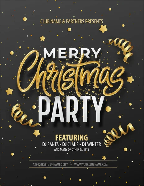 Elegant Christmas Poster Template with Shining Gold lettering Merry Christmas. Vector illustration — Stock Vector