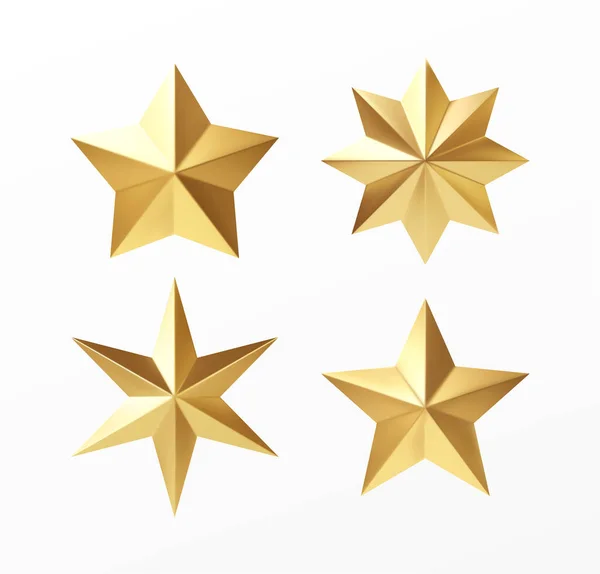 Conjunto de estrellas realistas doradas con diferentes rayos aislados sobre un fondo blanco. Ilustración vectorial — Vector de stock