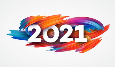 Renkli fırça darbesi, 2021 Mutlu Yıllar arkaplanının el yazısı. Vektör illüstrasyonu
