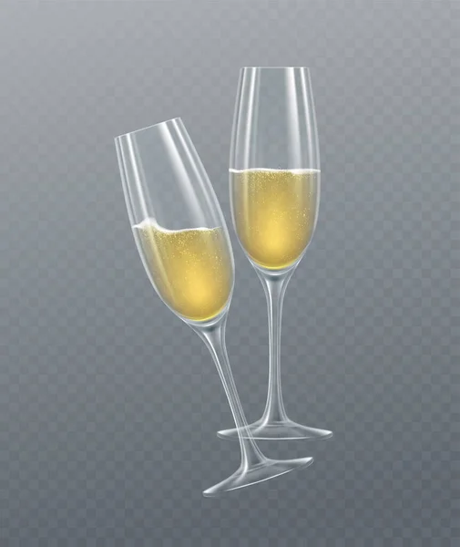Reális pezsgős poharak elszigetelve, átlátszó háttérrel. Vektorillusztráció — Stock Vector