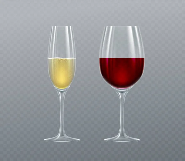 Copos realistas de champanhe e vinho isolados em um fundo transparente. Ilustração vetorial — Vetor de Stock