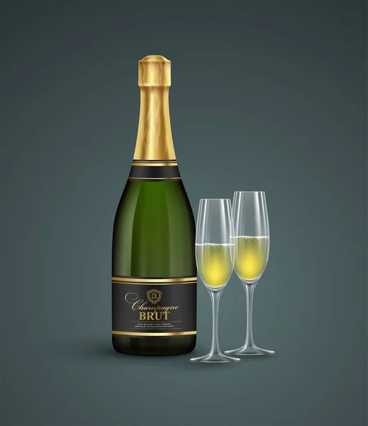 Botella realista y copas de champán aisladas sobre un fondo transparente. Ilustración vectorial — Vector de stock