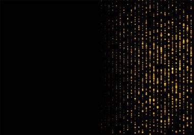 Düşen altın tozu siyah arka plandaki dikey çizgilerin parlayan konfeti noktaları. Şenlikli ışıklar, altın çelenkler, süslemeler. Vektör illüstrasyonu