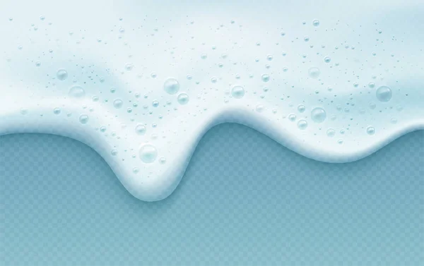 Espuma de sabão com bolhas isoladas em um fundo azul transparente. Shampoo bolhas textura. Ilustração vetorial — Vetor de Stock