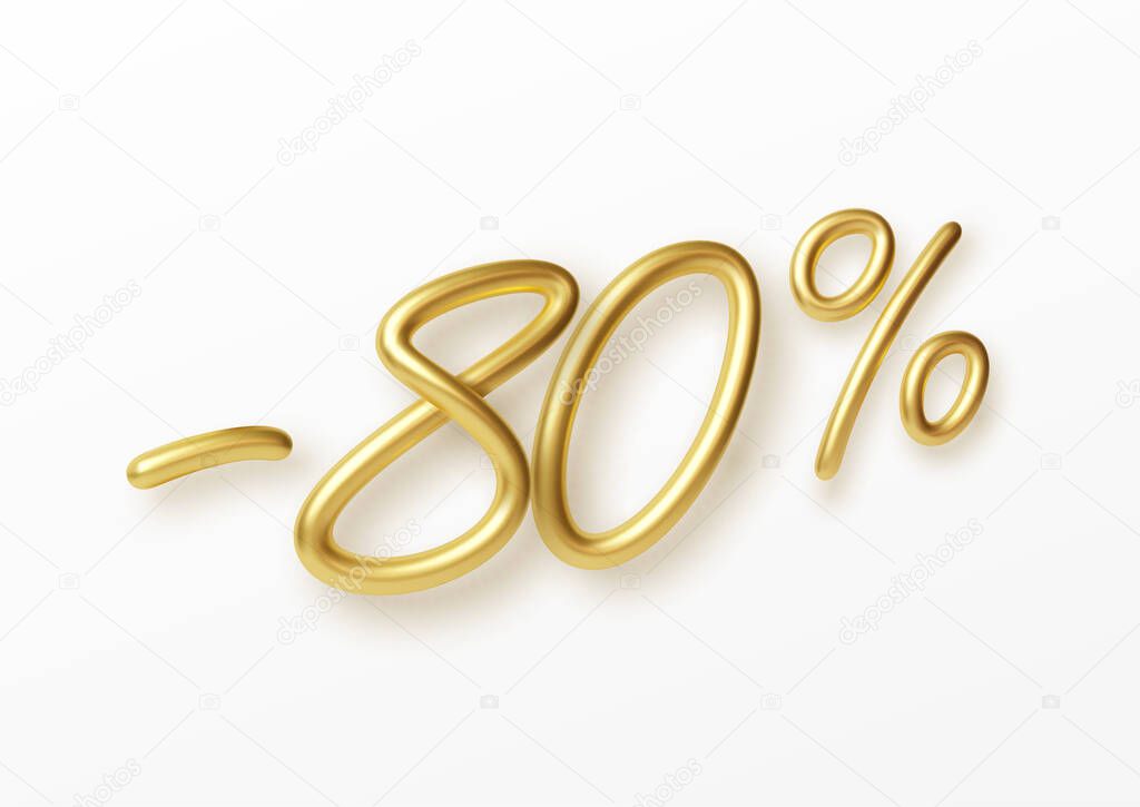 Realistic golden text 80 percent discount number. Vector illustration