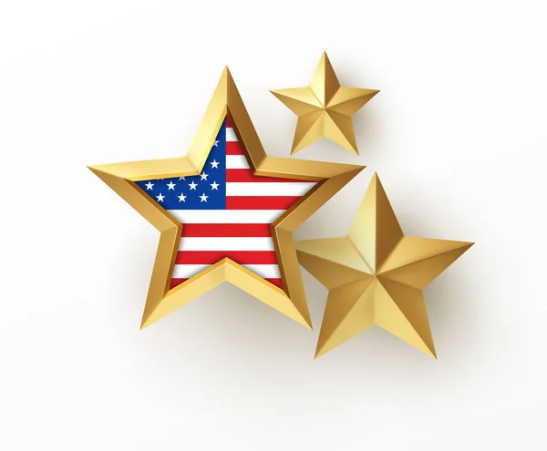 白い背景にアメリカ国旗が描かれた金色のリアルな3D星。愛国的なアメリカのポスター、カードのデザイン要素。ベクターイラスト — ストックベクタ