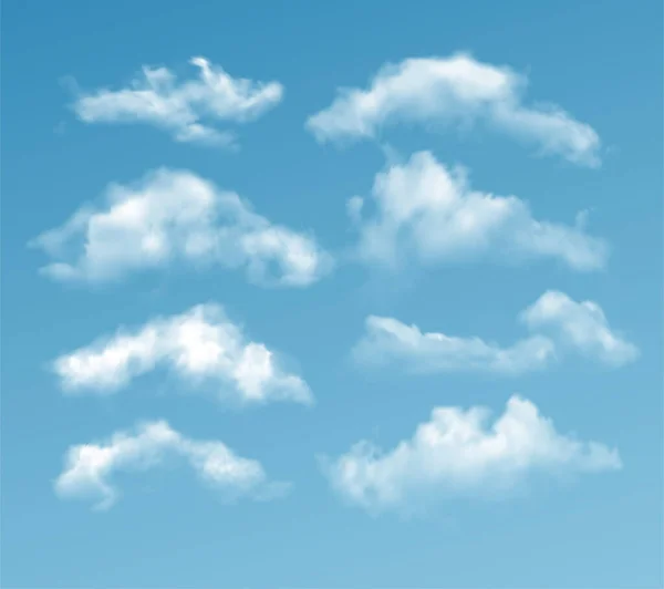 Mavi arka planda izole edilmiş saydam farklı bulutlar kümesi. Gerçek şeffaflık etkisi. Vektör illüstrasyonu — Stok Vektör