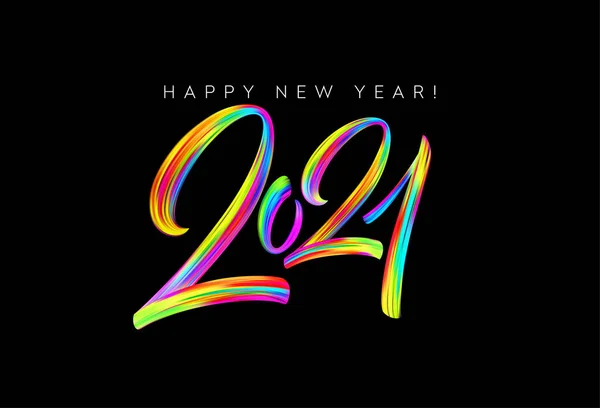 울긋불긋 한 브루 시킨 트는 2021 년 행복 한 새해 배경의 서체를 그린다. 색깔의 흐름 배경. 벡터 일러스트 — 스톡 벡터