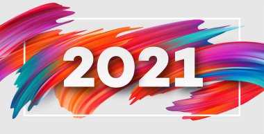 Renkli fırça darbesi, 2021 Mutlu Yıllar arkaplanının el yazısı. Renk akışı arka planı. Vektör illüstrasyonu