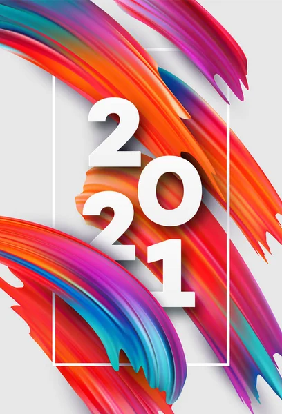 Pincelada colorida caligrafía de letras de pintura de 2021 Feliz Año Nuevo fondo. Fondo de flujo de color. Ilustración vectorial — Vector de stock