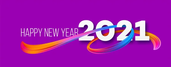 Colorful Brushstroke paint lettering calligraphy of 2021 Happy New Year background. Color flow background. Vector illustration — Stock Vector