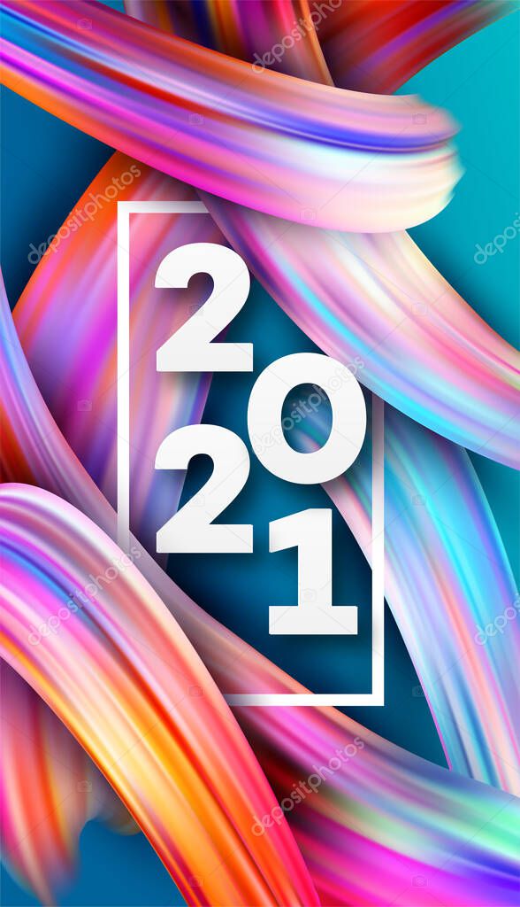 Colorful Brushstroke paint lettering calligraphy of 2021 Happy New Year background. Color flow background. Vector illustration EPS10
