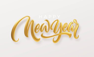 - Mutlu yıllar. Beyaz arka planda izole edilmiş gerçekçi altın metal harfler. Vektör illüstrasyonu