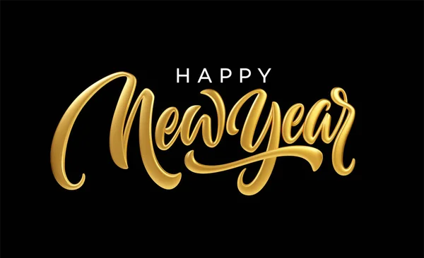 Feliz Año Nuevo. Letras realistas de metal dorado aisladas sobre fondo negro. Ilustración vectorial — Vector de stock