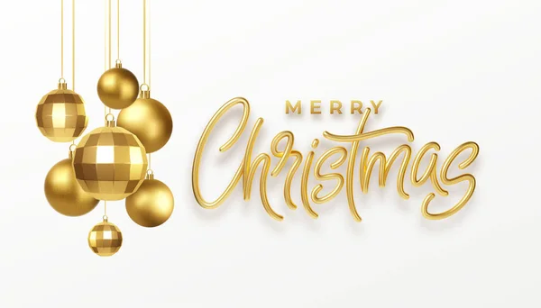 Tarjeta de felicitación de letras de caligrafía de fiesta de Navidad con decoraciones de navidad metálicas doradas aisladas sobre fondo blanco. Ilustración vectorial — Vector de stock