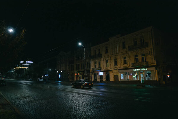 city nightscape ukraine vinnytsia with car