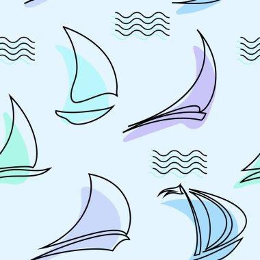 Soyut kesintisiz çizgi sanat vektör deseni yelkenli gemi ve şeffaf bir arka plan üzerinde renkli lekeler. Sorunsuz vektör renk örneği dahil.