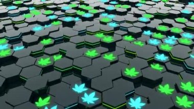 Renkli Marijuana yaprakları ile hareketli altıgen plakalar, biraz psychedelic bir şekilde yapılır - Alpha kanal, Animasyonlu arka plan, High Definition video ile Dikişsiz Loop