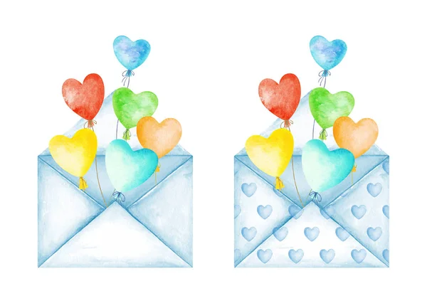 Cute love message envelopes. Multicolor heart balloons. Good news. Watercolor illustration
