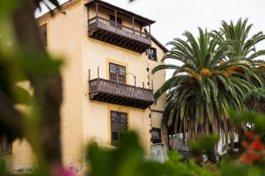 Ahşap balkonlar evin arasında palmiye ağaçlarında La Orotava, Tenerife, İspanya