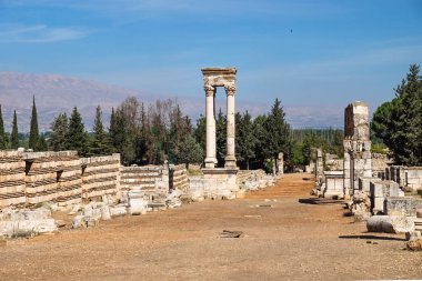 Sütunlar ve Emevi City çam kalıntıları Anjar içinde dağlarla, Bekaa Vadisi, Lübnan